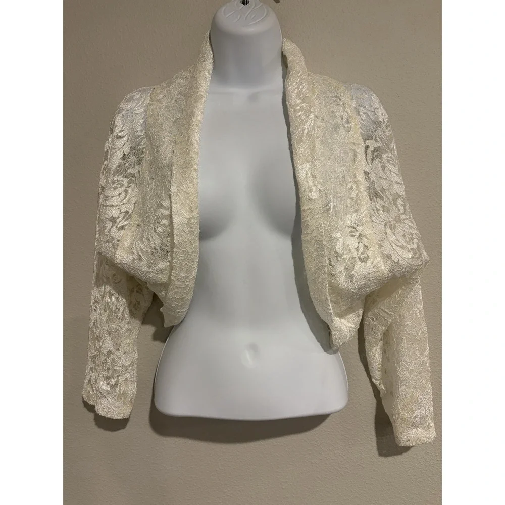 Tahari ASL Bolero~XL~Off White Lace Sequin Crop Shrug Formal Evening Covers Arms - Picture 4 of 14